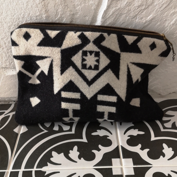 SEAECHO Top Zip Pouch Bag- Black Wool With Aztec Pattern - 12"w x 8.5 h - Picture 1 of 4